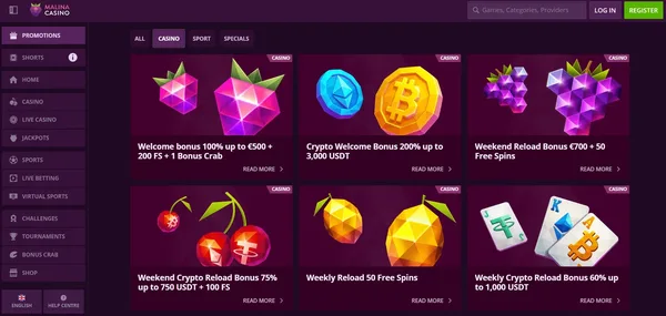 Malina Casino welcome bonus page on mobile