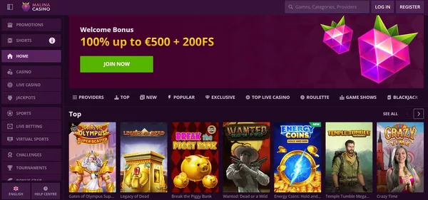 Malina Casino homepage on mobile
